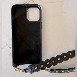 Bandolier black pebble leather, gold hardware crossbody iPhone 12 Pro Max case